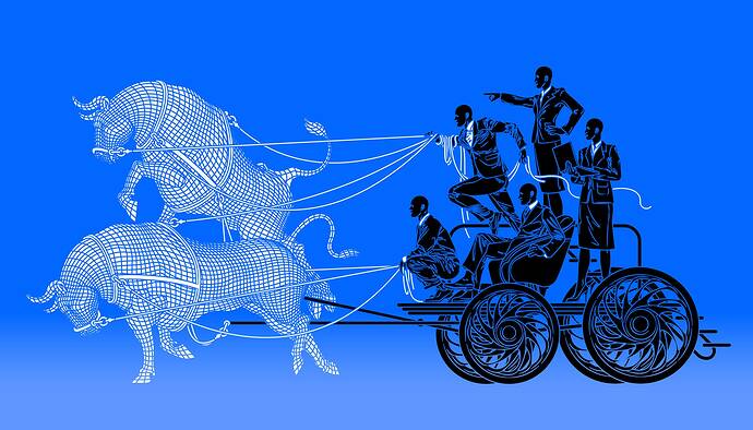 An illustration of besuited business people riding a chariot that is pulled by mesh renderings of two bulls.