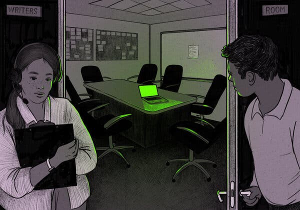 An illustration of two people outside a conference room, where the chairs are empty and a glowing laptop is on the table.